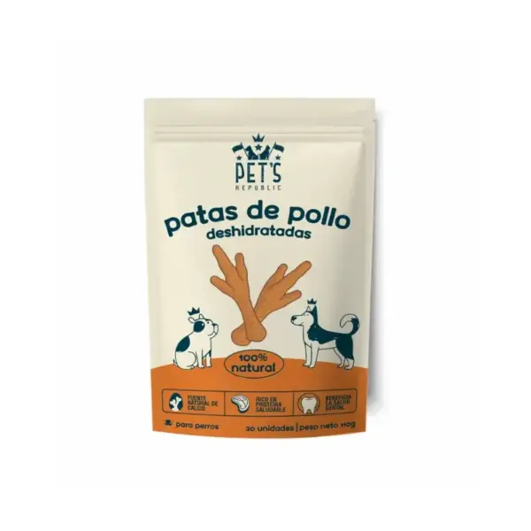 Product packaging for 'patas de pollo deshidratadas' dog treats by Pet's Republic, featuring cartoon dogs and orange bottom panel with '100% natural' label and icons.