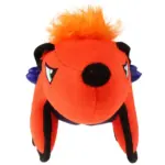 Bright orange plush dragon toy with a fluffy tuft of hair, black nose, green eyes, four legs, and blue wings.