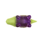 Purple ribbed silicone massager with lime-green cap, viewed from above.