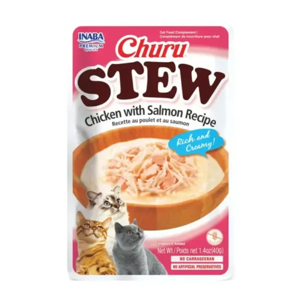 Cat food pouch labeled Churu STEW: Chicken with Salmon Recipe, rich and creamy presentation with three cats at the bottom (12 oz/40 g).