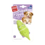 Pet toy package showing a lime-green, corn-shaped squeaker toy with eyes alongside a small fluffy puppy on a purple card.