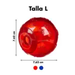 Red decorative ball labeled Talla L, 7.62 cm diameter, shows red color with swirl patterns; color options red and blue below.