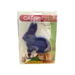 Blue bunny-shaped pet chewing toy inside clear packaging labeled Carrot Toy for small pets (rabbits, hamsters) on the box graphics.