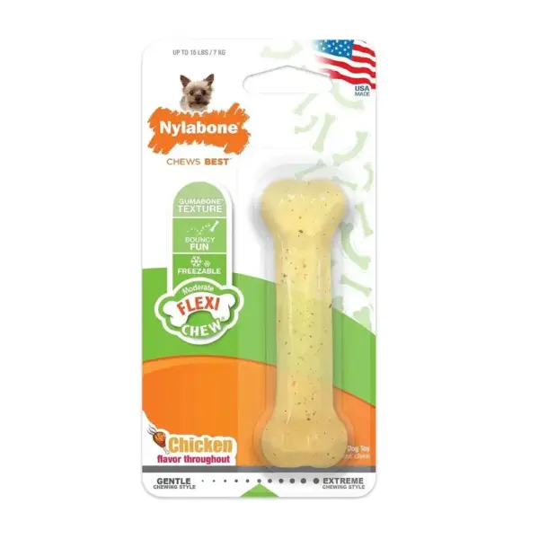 Nylabone chicken-flavored dog chew bone in green and orange packaging, USA-made.