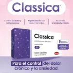 Product packaging for Classica anti-convulsant/analgesic to help chronic pain and anxiety in pets (caja con tabletas).