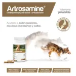 Artrosamine bottle for dogs with a running dog and the Spanish slogan about helping them climb stairs and move freely, on a white background.