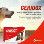Anuncio de medicamento geriátrico para perros y gatos; caja roja GERI OOX con un perro y un gato frente a un paisaje, texto promocional en español.