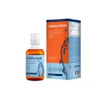 Bottle of Salaris AD3E oil with blue label next to its blue-and-orange box, showing a fish illustration on the packaging.