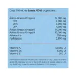Etiqueta nutricional en español para Salaris AD3E por 100 mL: desglose de ácidos grasos (omega-3/6/9), astaxantina, fosfolípidos y vitaminas A, D3 y E.