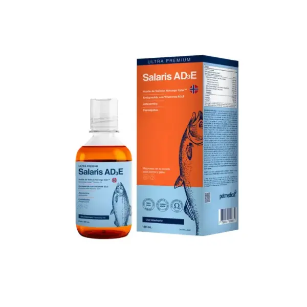 Bottle of Salaris AD3E oil with blue label next to its blue-and-orange box, showing a fish illustration on the packaging.